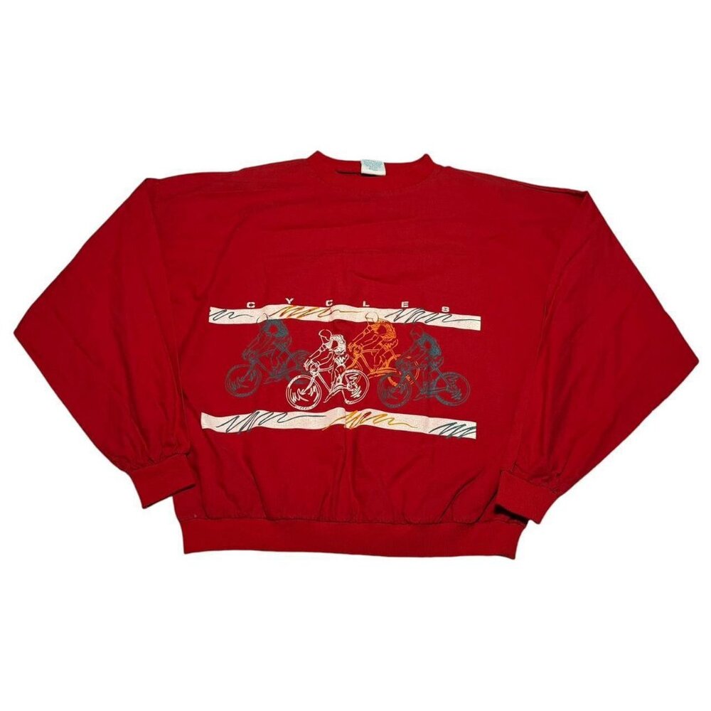 CUE Vintage 80s Cycle Bicyclist Red Long Sleeve Shirt Adult Boxy Small‎